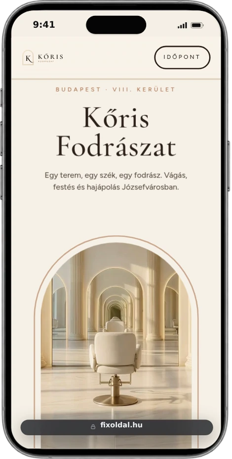 A Kőris Fodrászat bemutató oldala mobilon